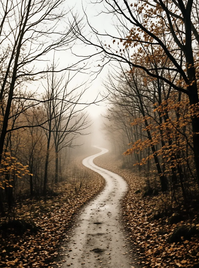 A curved path covered in fallen leaves leads deeper into a foggy woodland where bare trees frame the view.