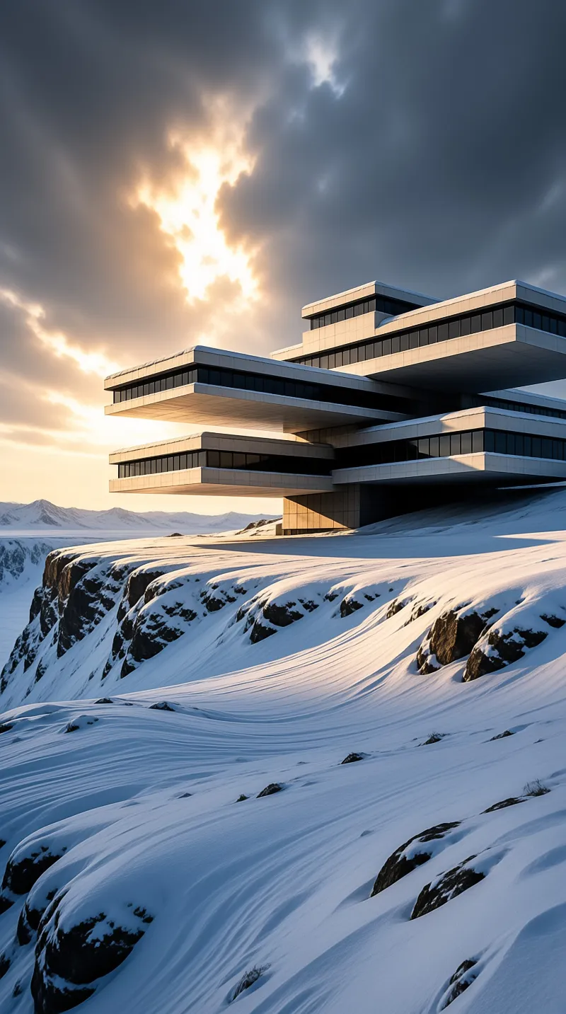 A tiered concrete structure sits on a frozen ridge while sunlight bursts through heavy grey clouds above the snow.