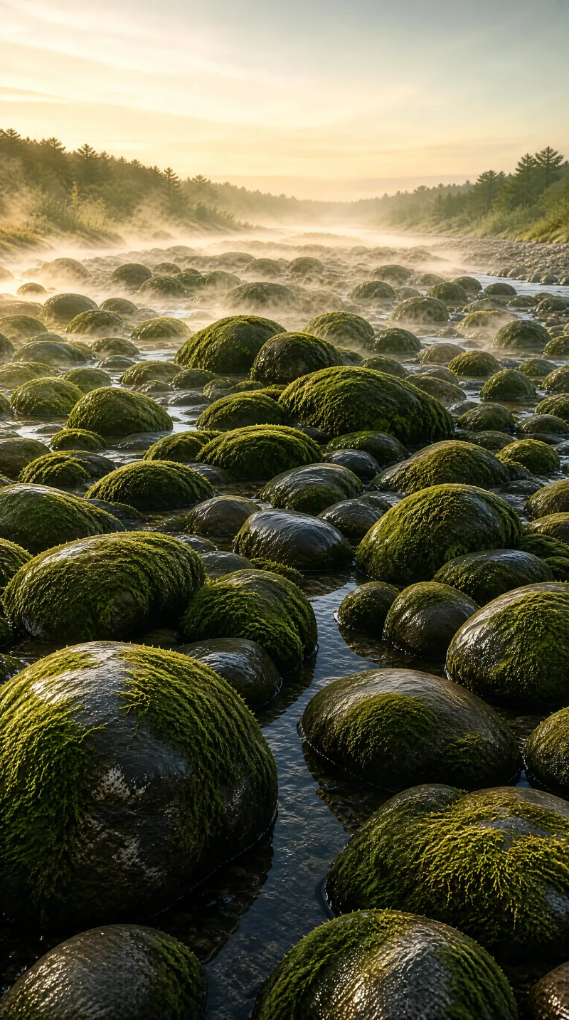 Mossy River Stones at Dawn