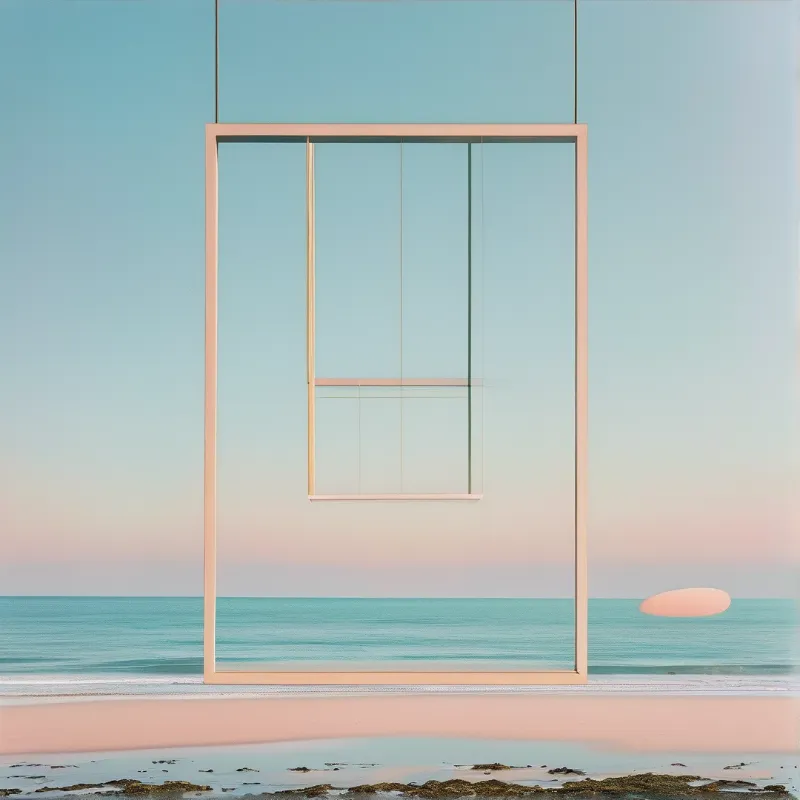 A large pale pink rectangular frame stands on wet sand before turquoise ocean water and a gradient sky.
