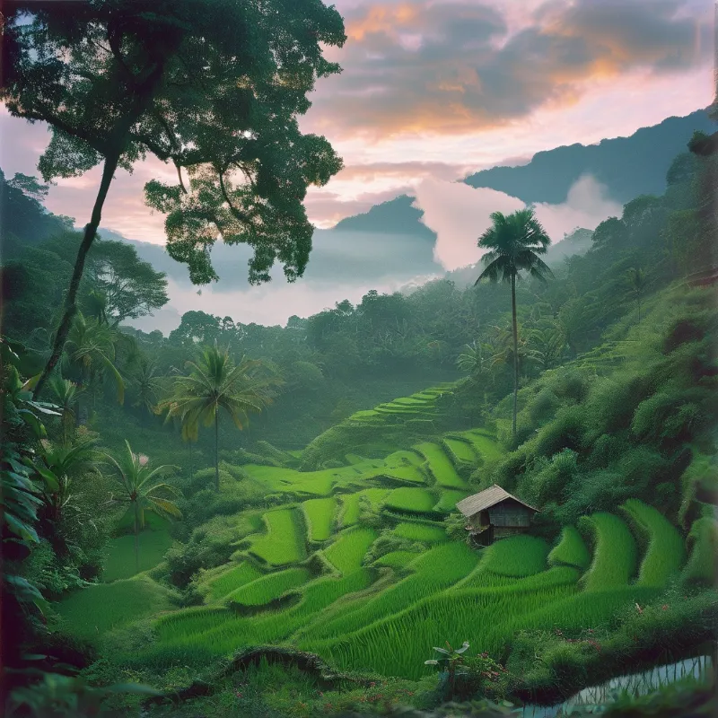 Green stepped fields cascade down a forested hillside with a cabin beneath tall palm trees under a soft pink misty sky.