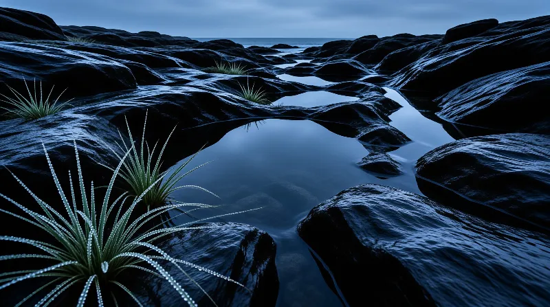 Dark wet rocks with spiky plants covered in dew sit around still pools reflecting the blue evening sky.