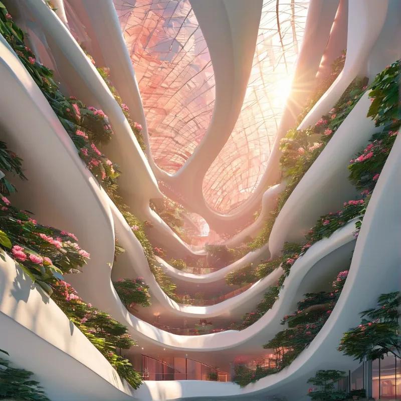 Sweeping white balcony levels layered with green plants and pink flowers rise toward a sunlit glass canopy above