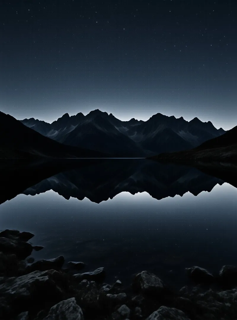 Dark jagged mountain peaks are mirrored in a calm lake beneath a night sky full of stars