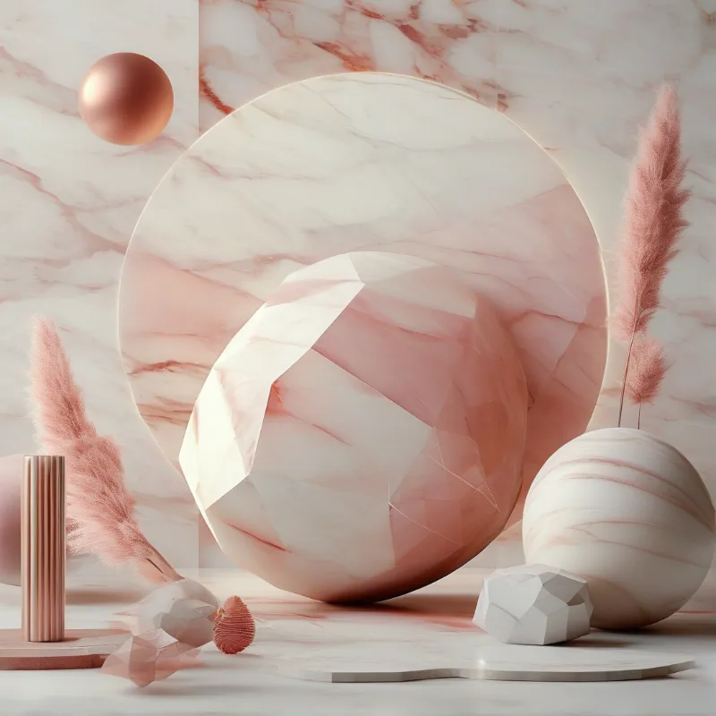 A cluster of faceted forms and smooth spheres sits among pampas grass on a white surface with warm tones.