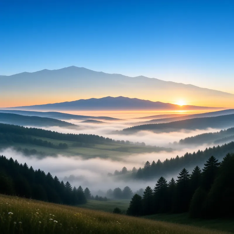 A panoramic view of layered mountains rising above a valley filled with thick white fog during a warm golden sunrise.
