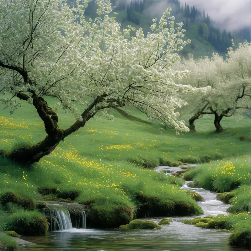 A white flowering tree bends over a stream flowing through a green meadow with yellow flowers and misty hills.