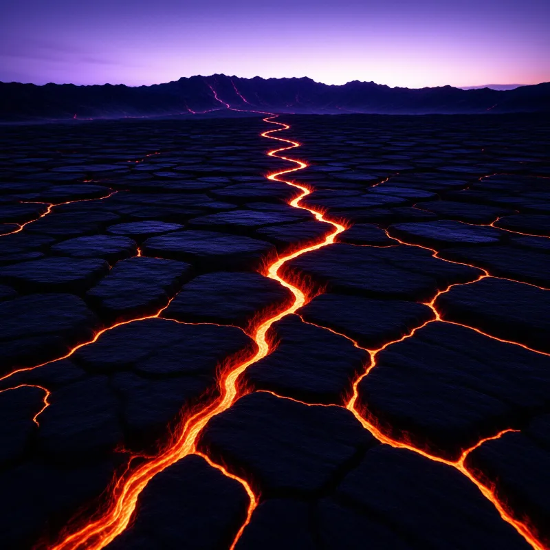 Bright orange magma flows through deep cracks in a dark hexagonal field under a purple sky.