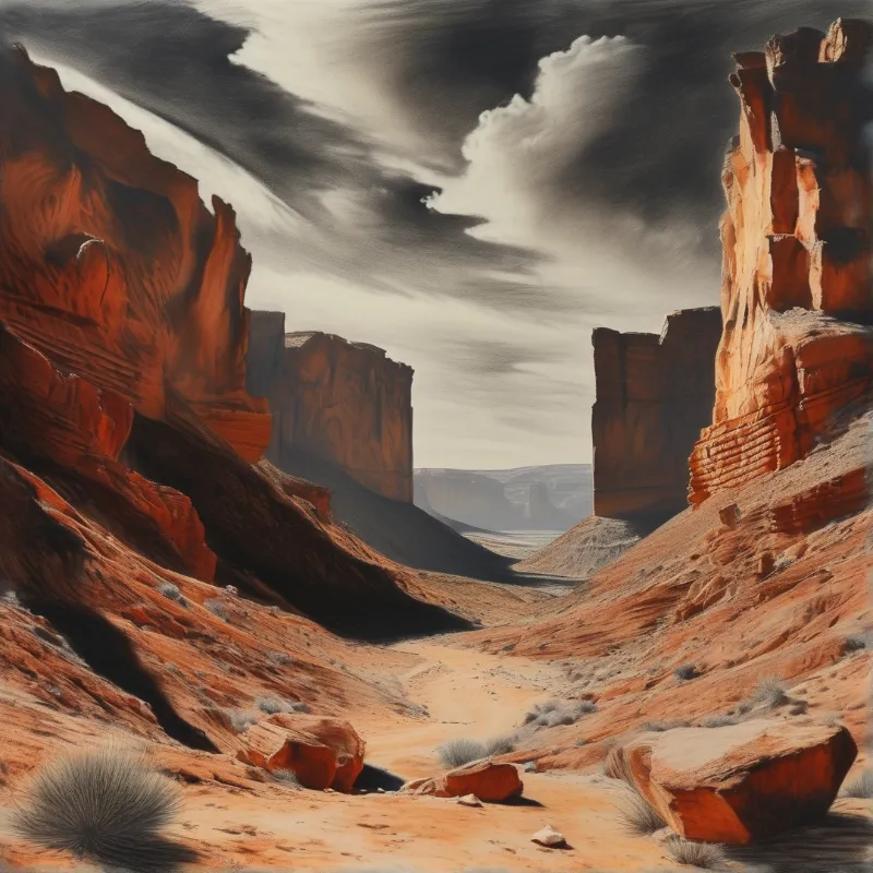 A winding dusty trail cuts between towering orange red rocky buttes under a turbulent grey and white clouded desert sky