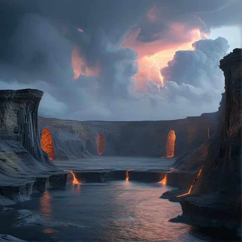 Three orange glowing arches stand in a dark canyon while lightning strikes a pink cloud above the water.