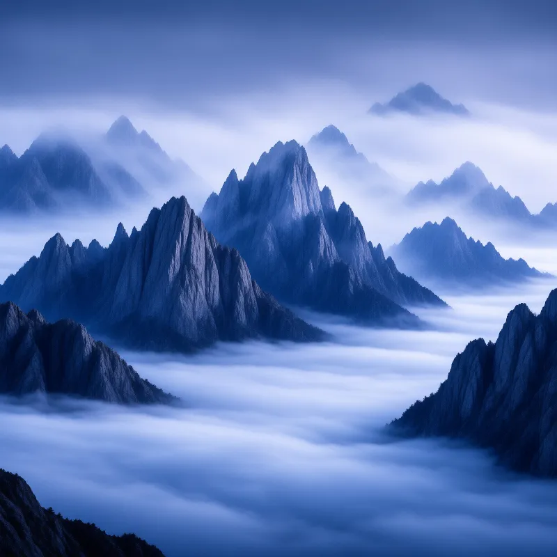 Vast white vapor envelops sharp stone peaks standing against a pale blue sky.