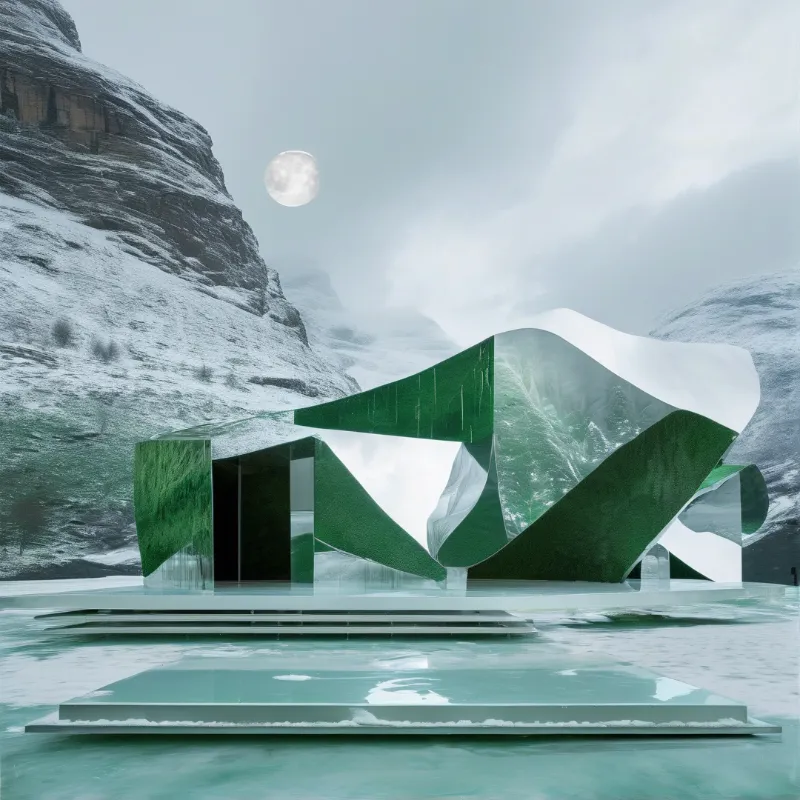 A glass building with flowing green surfaces stands on a platform in a snowy mountain valley beneath a bright moon.