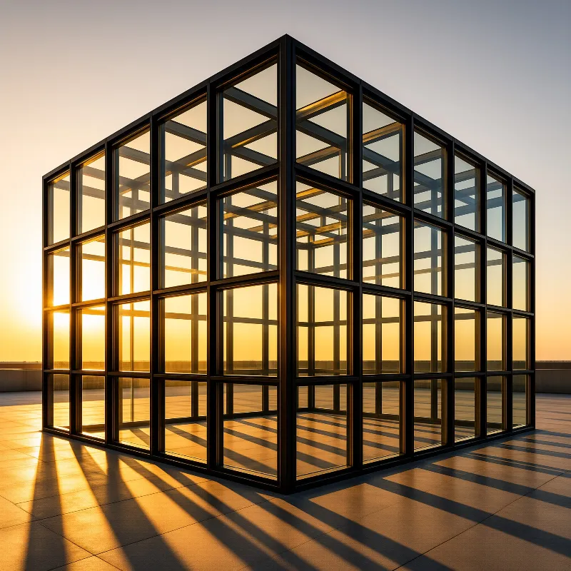A cubic glass structure stands on an open plaza, allowing the warm orange light of sunset to pass through its grid.