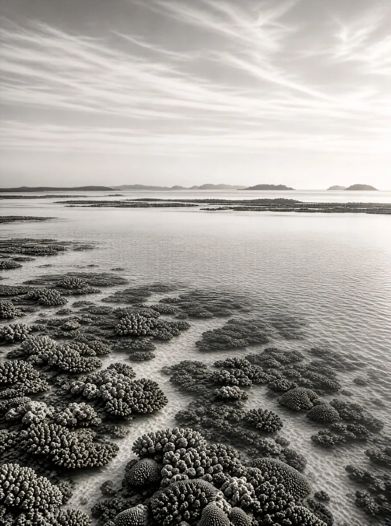A black and white photograph of coral reefs in shallow marine waters at dawn, with distant islands and a softly lit sky streaked with wispy clouds.