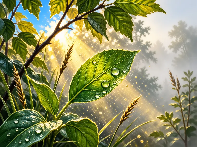 Beaded water droplets cling to a broad green leaf while golden sunlight streams through mist and grain heads behind it.