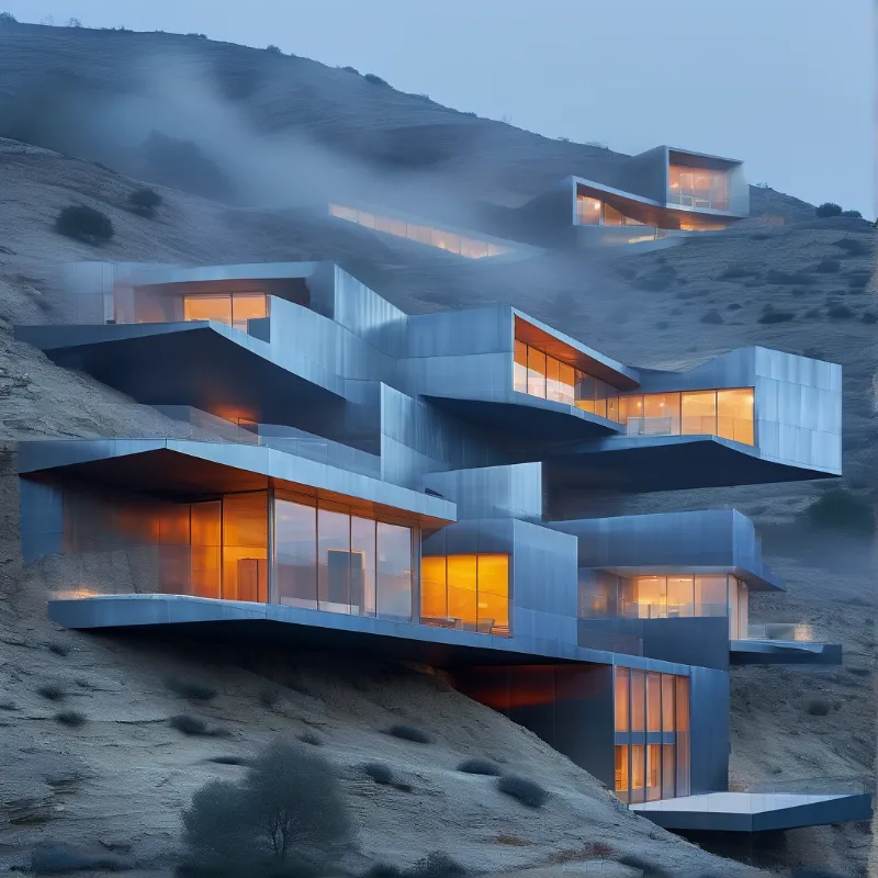 Angled metal volumes with amber windows step up a barren hillside as drifting mist softens the ridgeline.