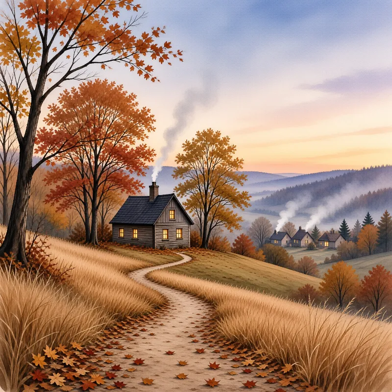 A small stone chimney emits smoke from a rustic log house on a leaf-strewn hillside path in soft pre-dawn autumn light.