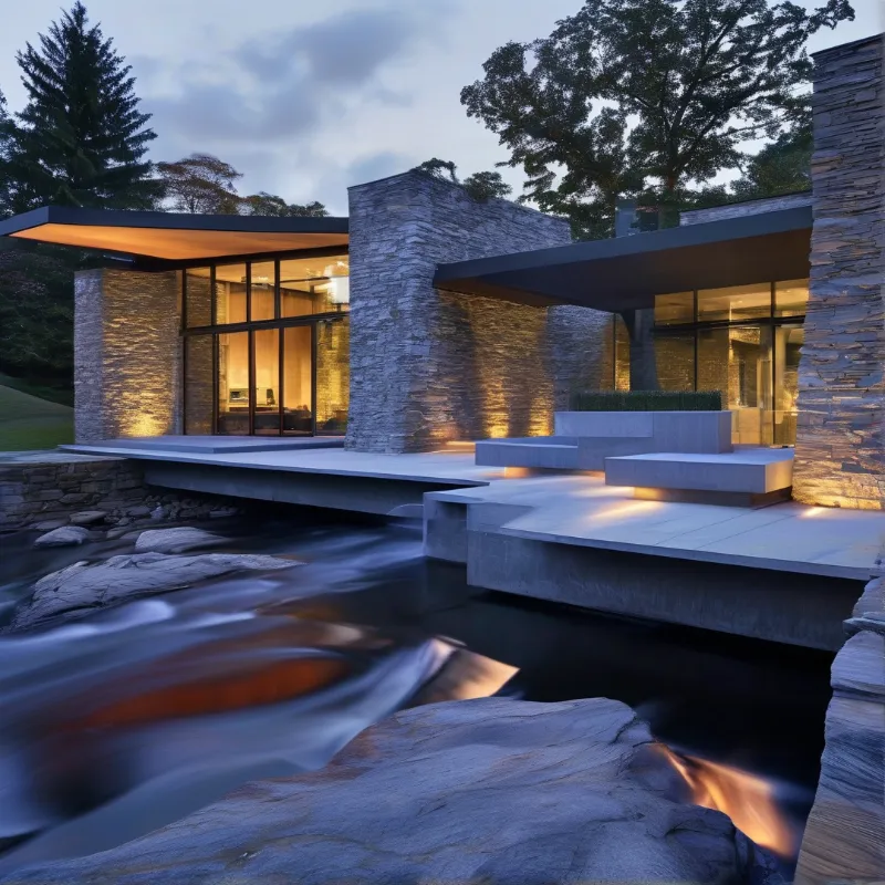 Contemporary residence with stone walls and large windows overlooks a flowing stream under twilight sky