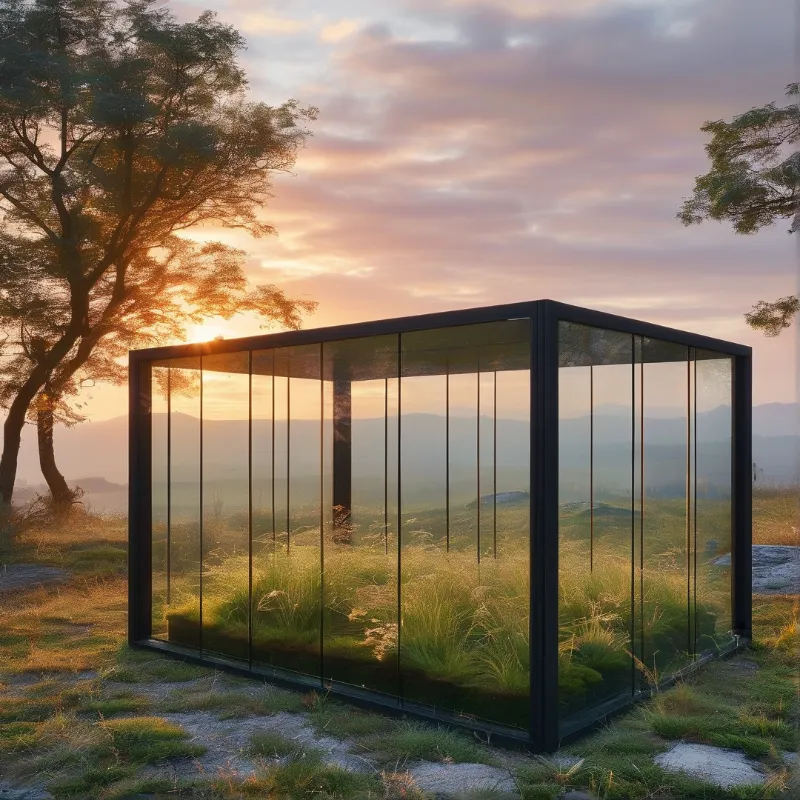 A transparent glass cabin stands amidst tall grass and trees under a colorful sunset sky.