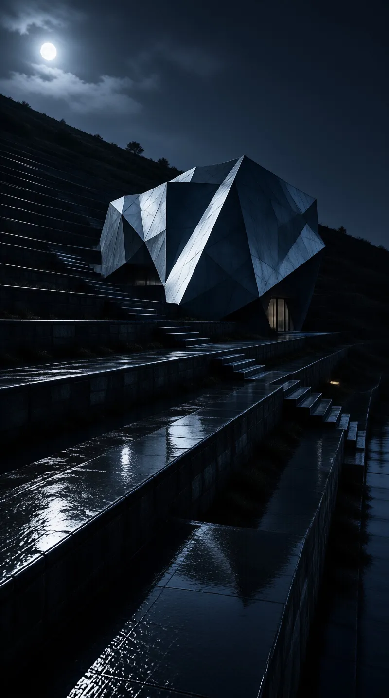 Angular geometric building rests on rain-slicked stepped hills at night, a full moon glows through dark clouds, warm light spills from its entry.