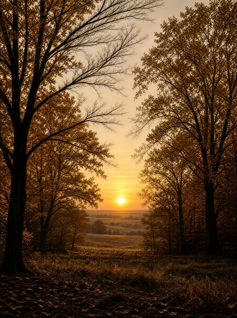 Golden autumn leaves on tall trees form a frame around a sunset over an open field with rolling hills in the distance.