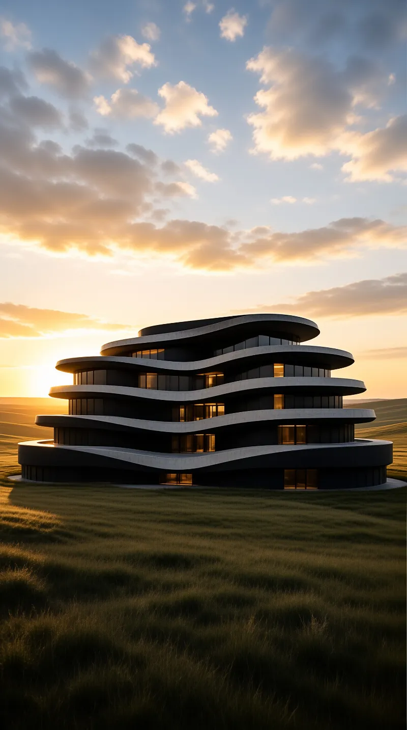 A modern curvilinear building with glowing windows sits in a grassy landscape under a cloudy sky during a vibrant orange sunset.