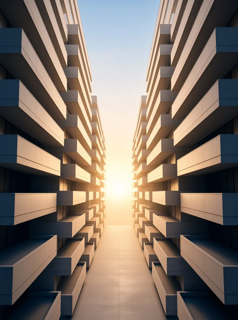 Two tall residential towers with geometric balconies frame a narrow path illuminated by warm sunlight.