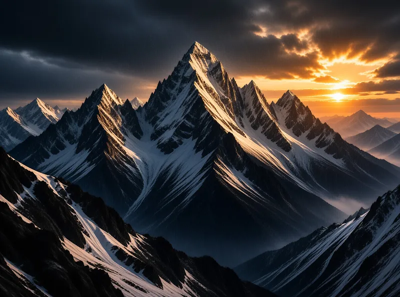 Sharp snow covered mountain peaks catch the warm light of a sunset breaking through heavy dark clouds above the valley.