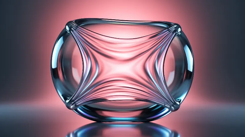 A faceted transparent glass bowl sits against a blurred pink and blue background, its curved surfaces catching light that emphasizes its smooth sculpted geometry.