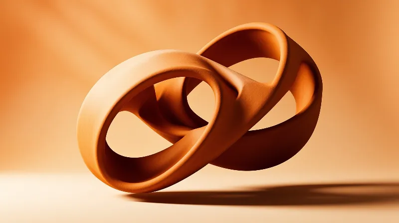 A looping clay colored form casts a soft shadow across a peach backdrop lit from the upper left.