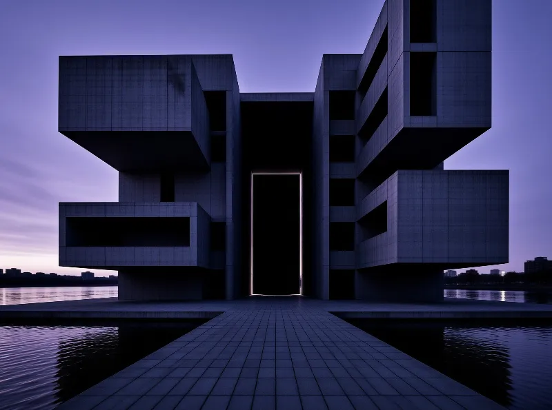 A geometric concrete building stands centrally in the water under a fading purple sky during the blue hour.
