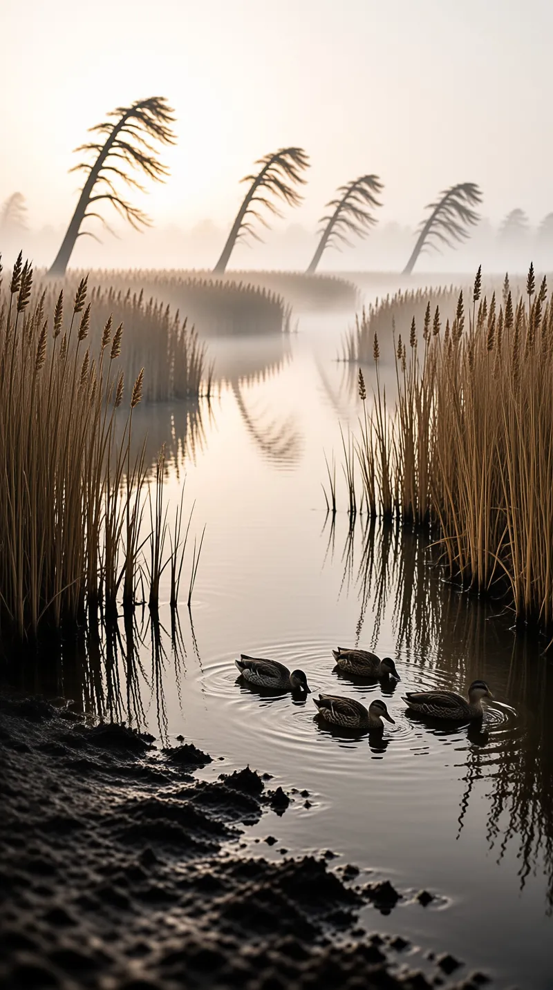 Four wild ducks swim together in calm water surrounded by tall reeds and fog during soft dawn light.