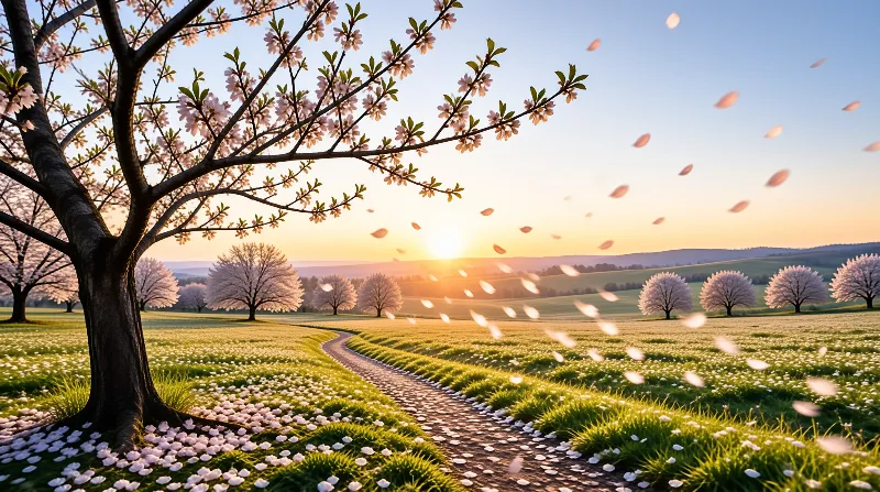 A large blossoming tree frames a winding cobblestone path through flower-filled meadows under warm golden sunlight