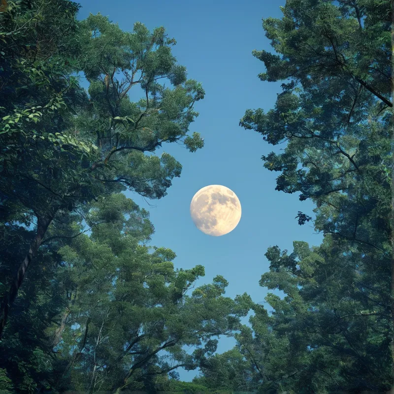 A large pale moon floats in the middle of a clear blue sky while dense green tree branches frame the edges of the view.