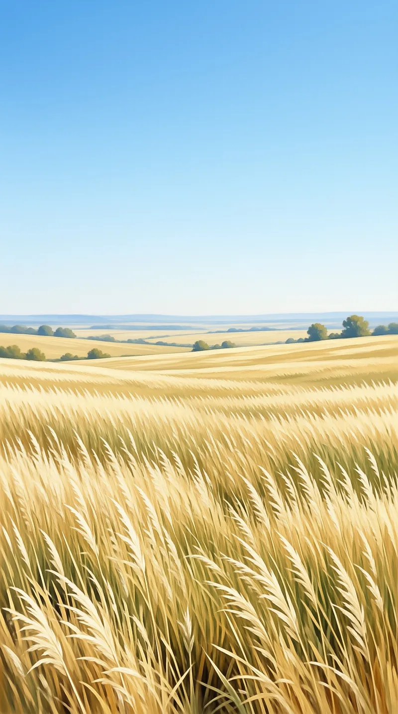 Golden wheat stalks stretch toward the horizon under a clear blue sky, with scattered trees in the distance.