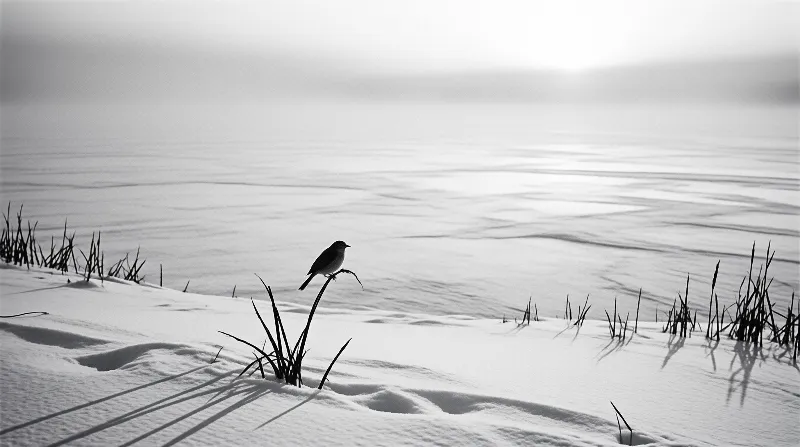 A solitary bird sits atop a thin reed in a misty white winter landscape.