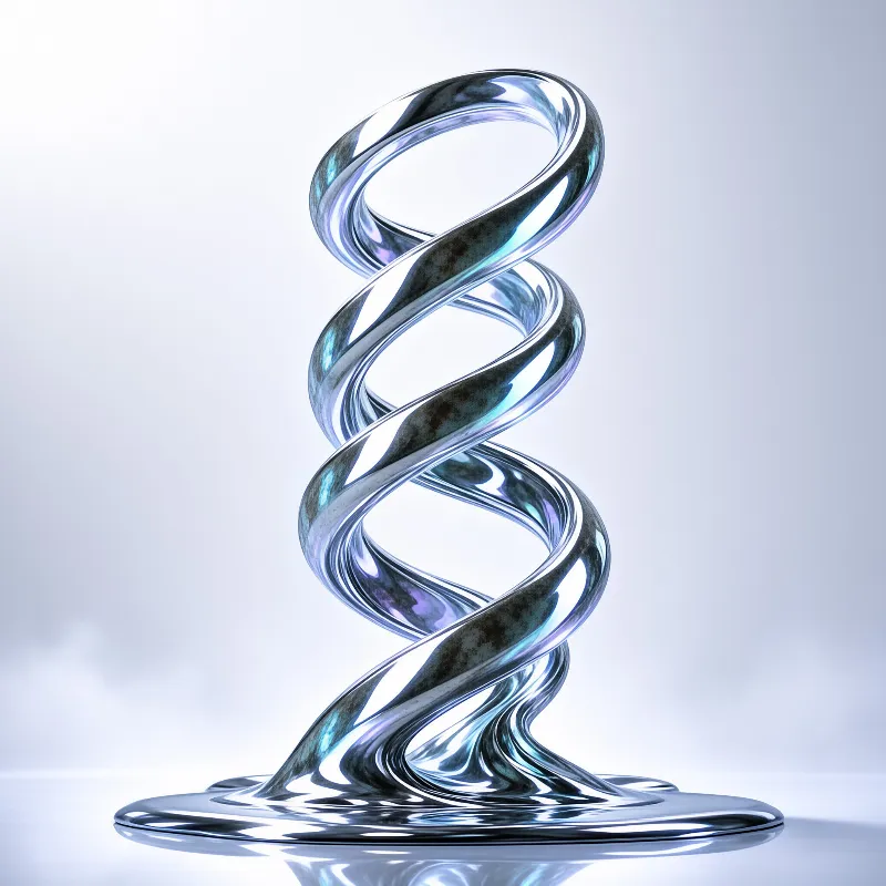 A twisted chrome spiral sculpture coils upward out of a rippling pool of liquid metal on a pale ground