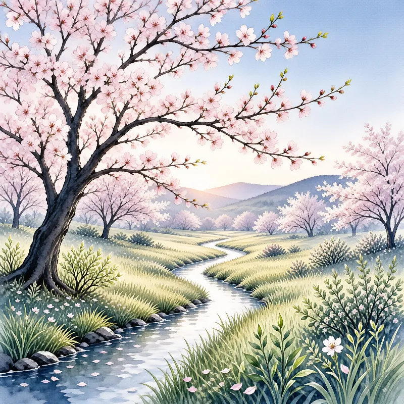 A large pink flowering tree stands on the left bank of a winding stream that flows through a green grassy valley dotted with more blossom trees and distant mountains under a soft blue sky.