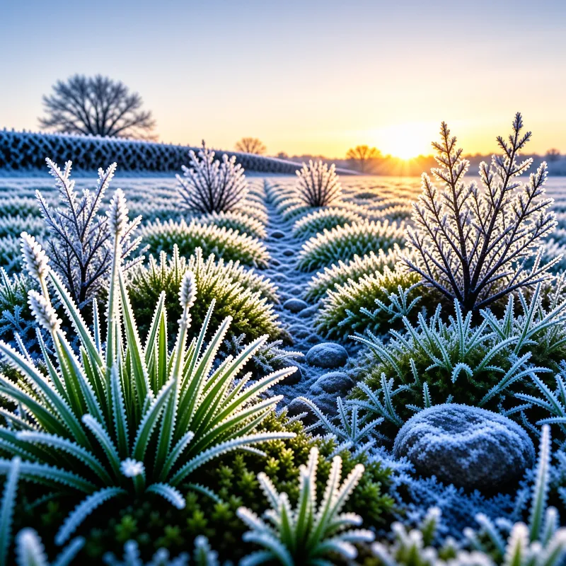 Garden shrubs and rocks coated in white frost under a warm golden sunrise sky with cool blue shadows.