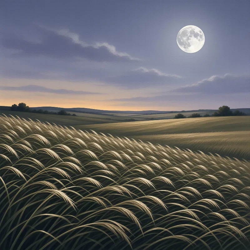 A vast field of golden wheat waves in the wind beneath a clear twilight sky featuring a prominent full moon.