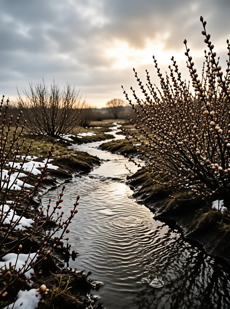 Plump silver catkins line dark branches over a narrow stream winding through thawing fields under heavy clouds
