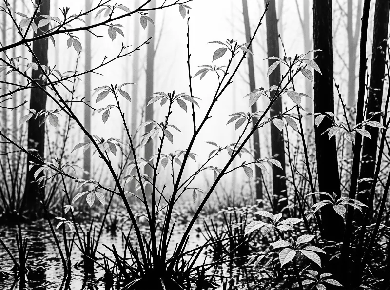 Thin branches and tall trunks fade into white fog above still swamp water in this black and white scene.
