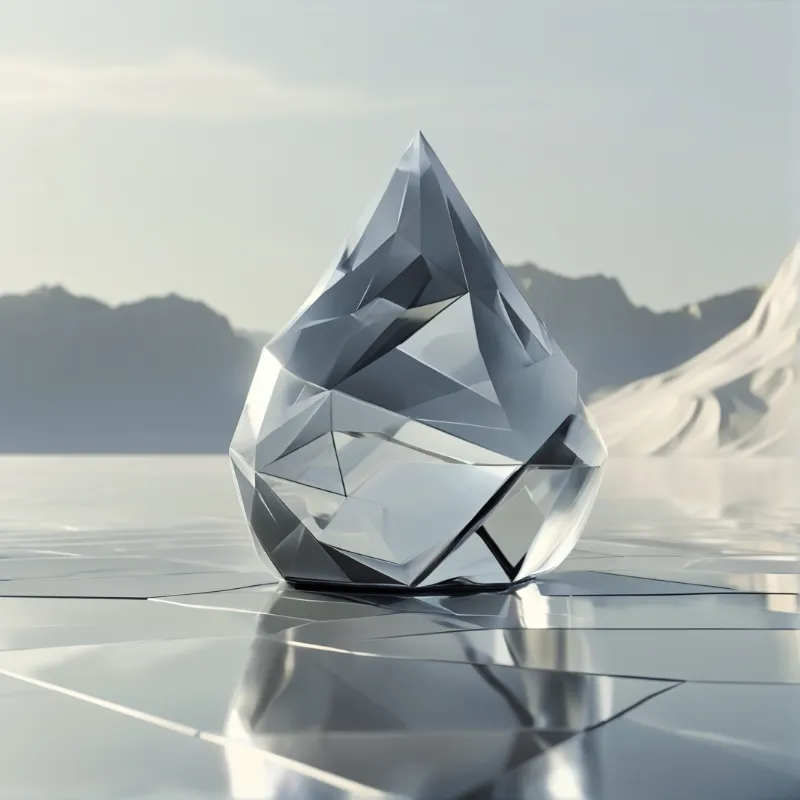 A large faceted crystal teardrop rests on a reflective surface with mountains in the distance.