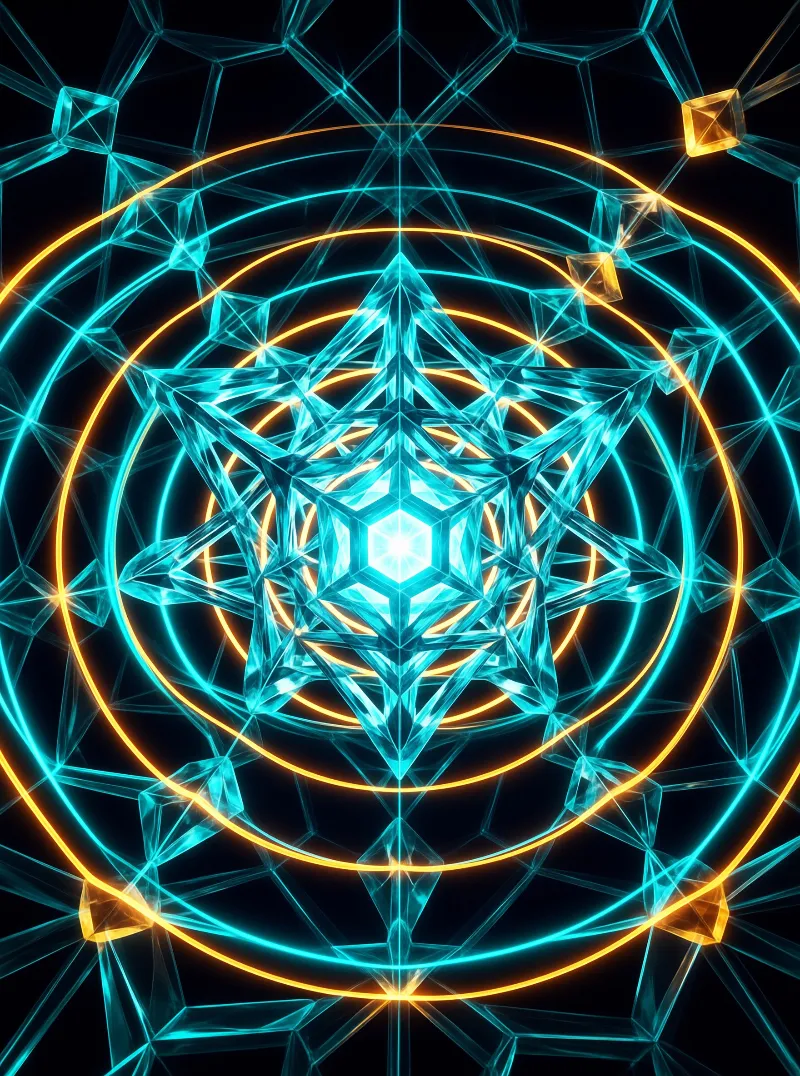 Translucent blue star geometry centered in glowing concentric rings of orange and cyan neon light against a black background.