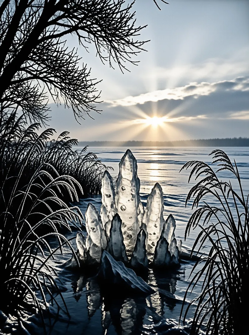 Jagged ice pillars stand in dark water framed by silhouetted reeds beneath a radiant sunburst sky.