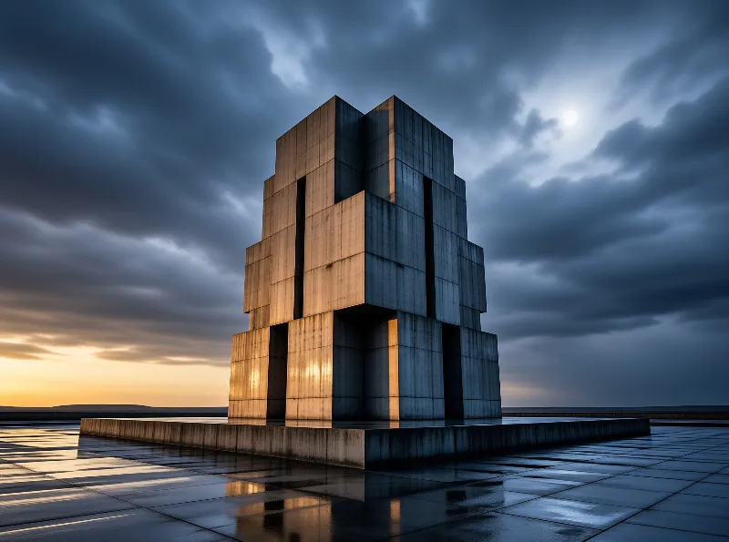 A large geometric concrete structure rises from a wet reflective surface under a dramatic cloudy sky with low sun.