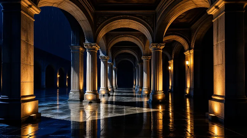 Classical stone arches and columns line a wet floor where warm lights cast long golden reflections.