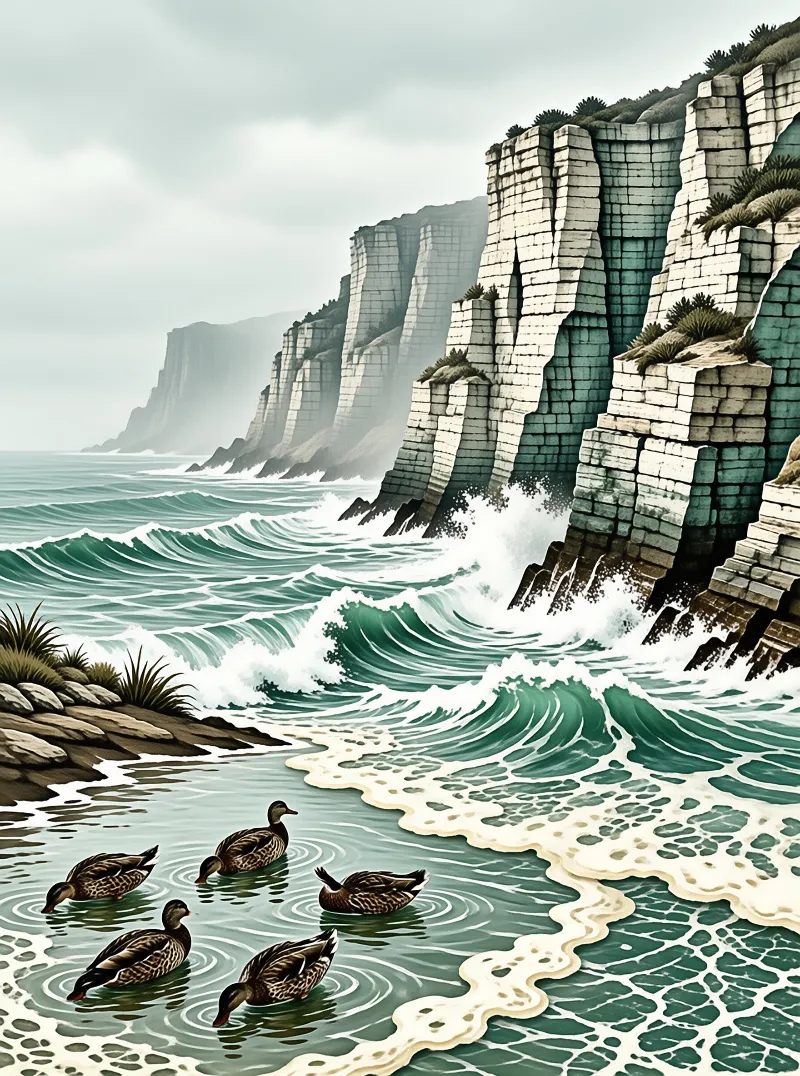 Stylized coastal scene with blocky stacked cliffs, teal waves, and five ducks swimming in the shallow near shore.