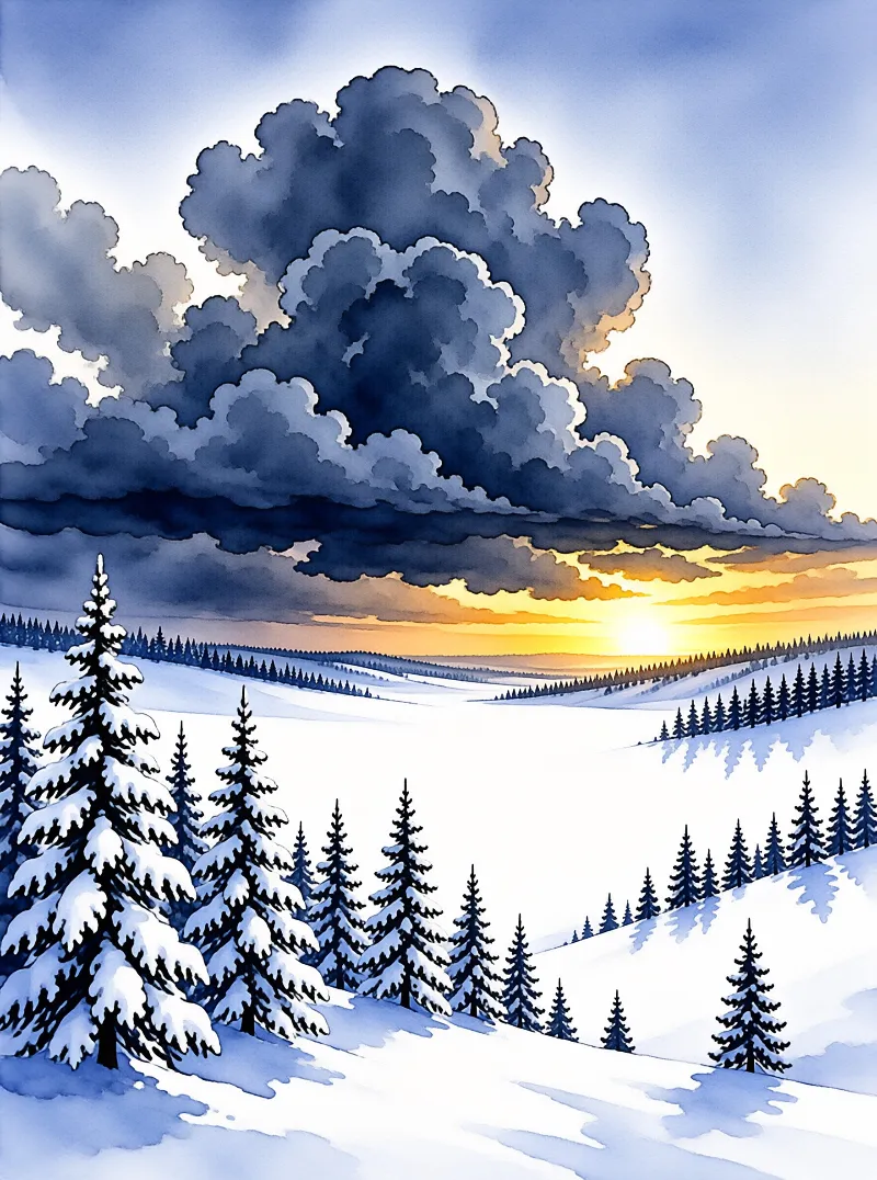 Snow covered pine trees stand on hills below heavy clouds glowing with warm sunset light