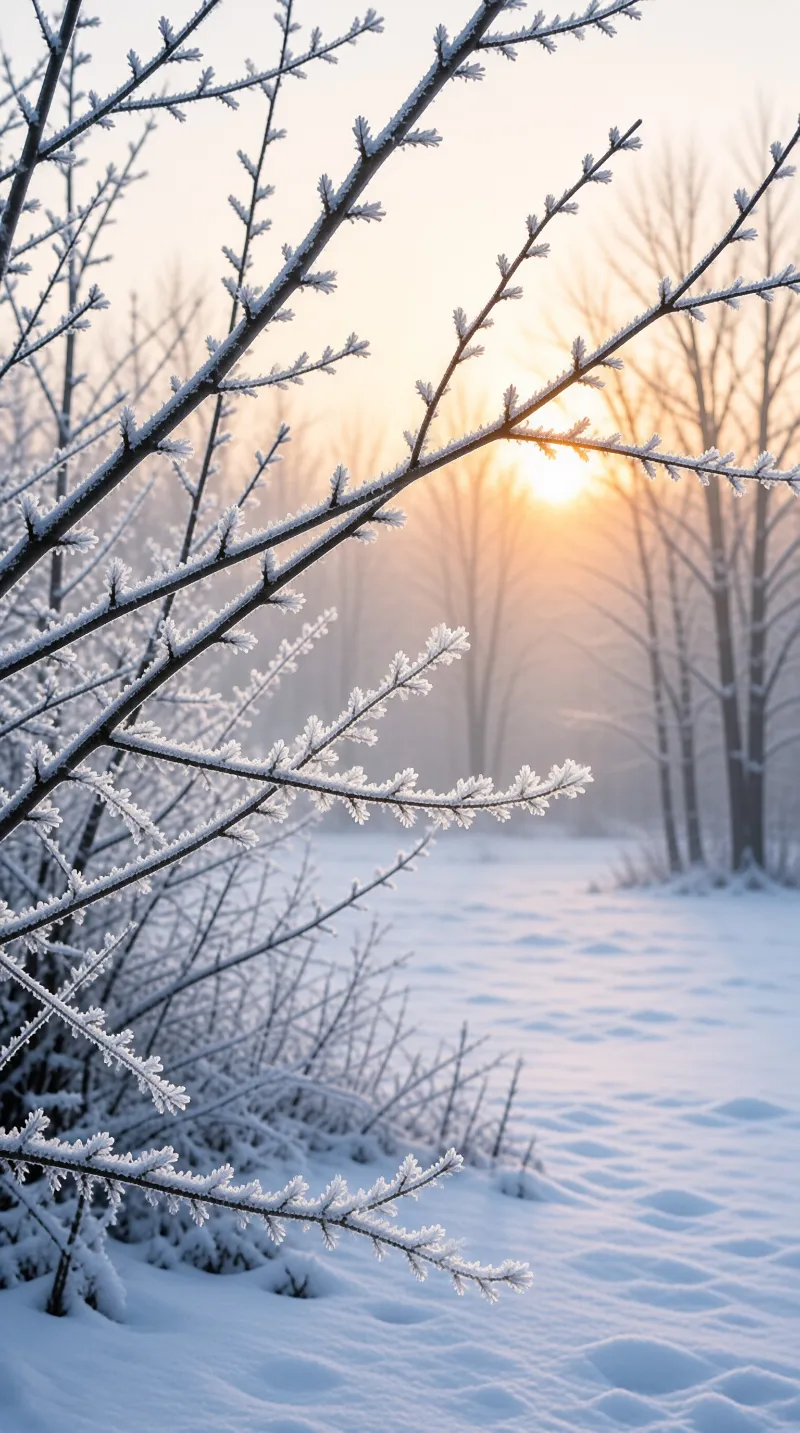 Frost dusted bare tree branches reach across the foreground over deep snow, with soft golden sunrise light glowing through distant foggy bare forest trunks.